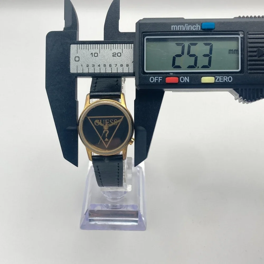 Vintage Guess Womens Watch 25mm Gold Tone Black Logo New Battery 7.75